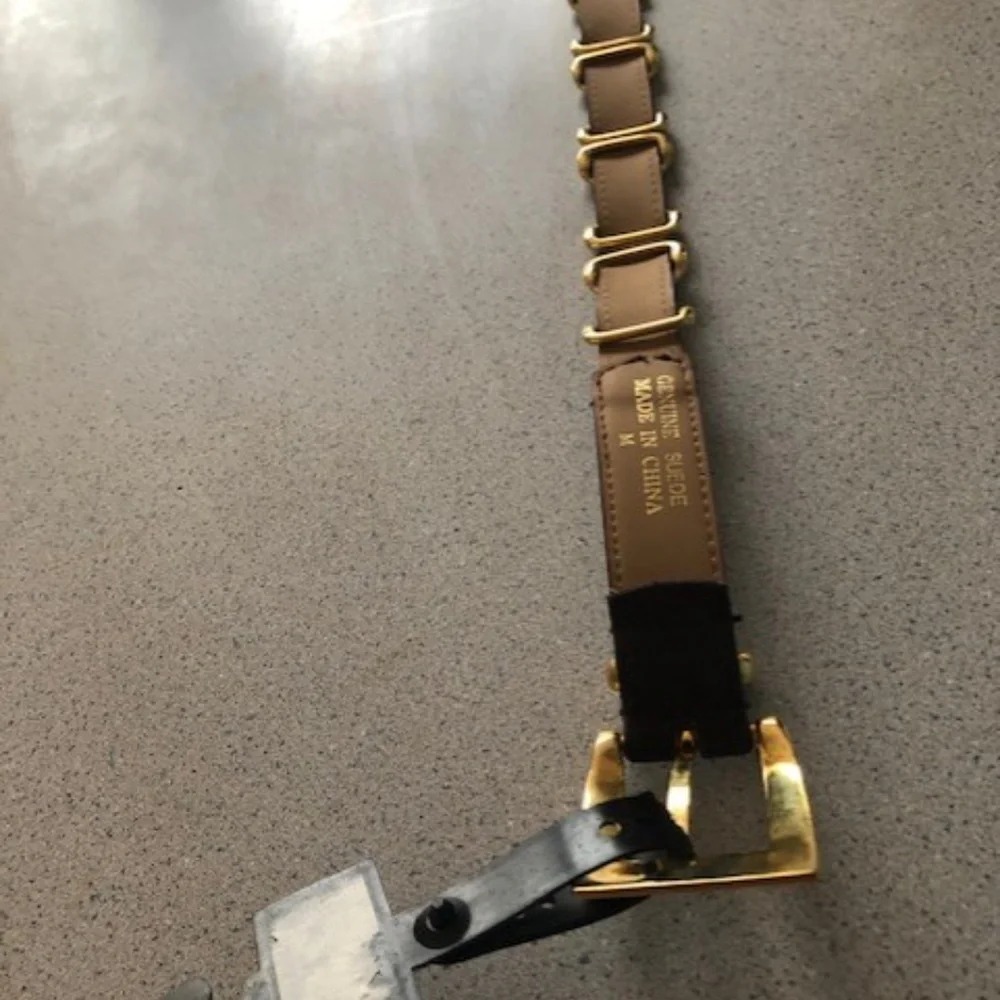 Brown suede leather fashion belt with gold accents